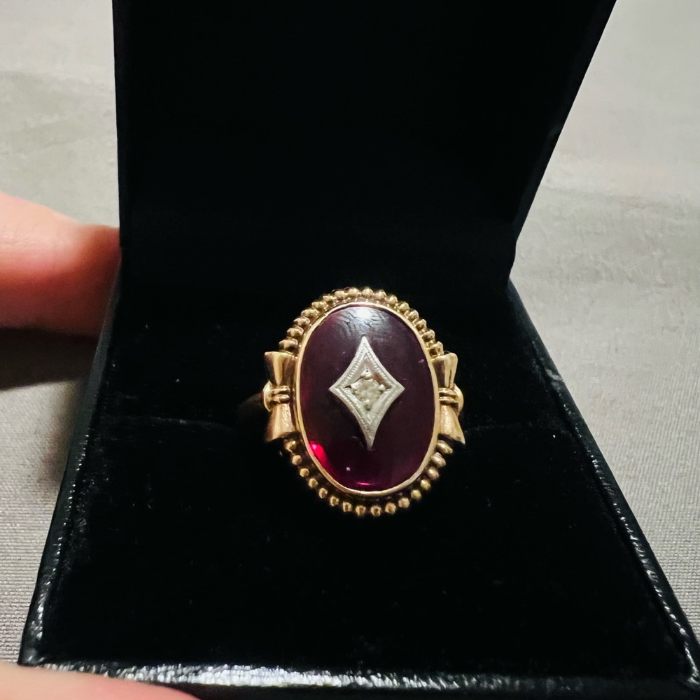 Antique Art Deco Synthetic Ruby & Diamond Ring – 10K Gold Sz 5.25 - Picture 1 of 8